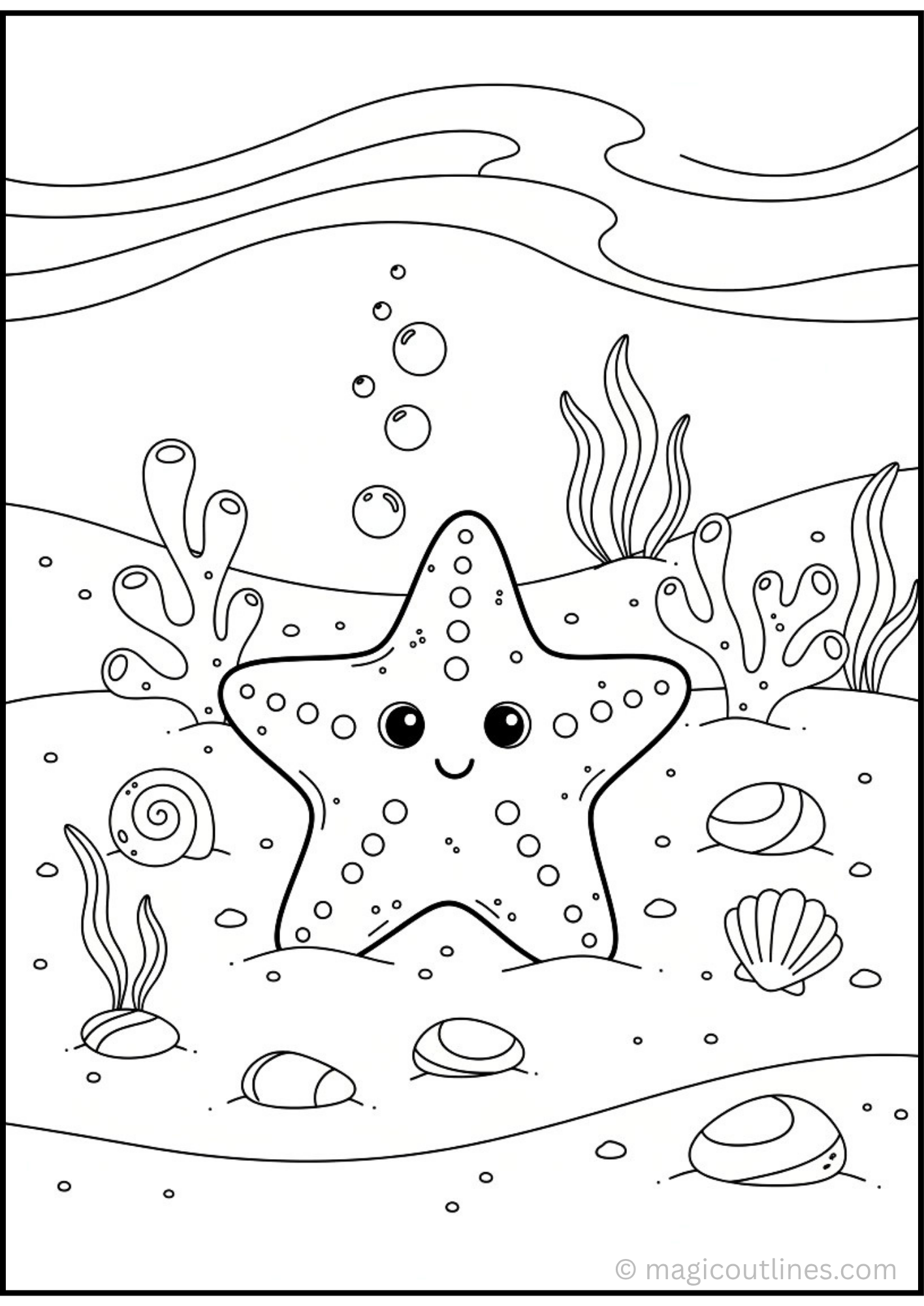 Starfish Coloring Page with coral, sea plants, bubbles, and seashells for kids