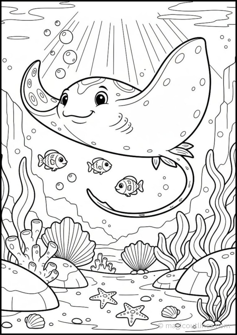 Stingray Fish Coloring Page free printable PDF featuring a graceful stingray swimming underwater with coral reefs, sea plants, bubbles, and shells.