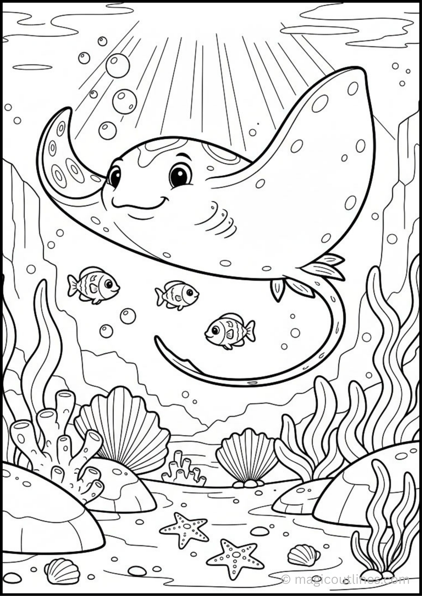 Stingray Fish Coloring Page free printable PDF featuring a graceful stingray swimming underwater with coral reefs, sea plants, bubbles, and shells.