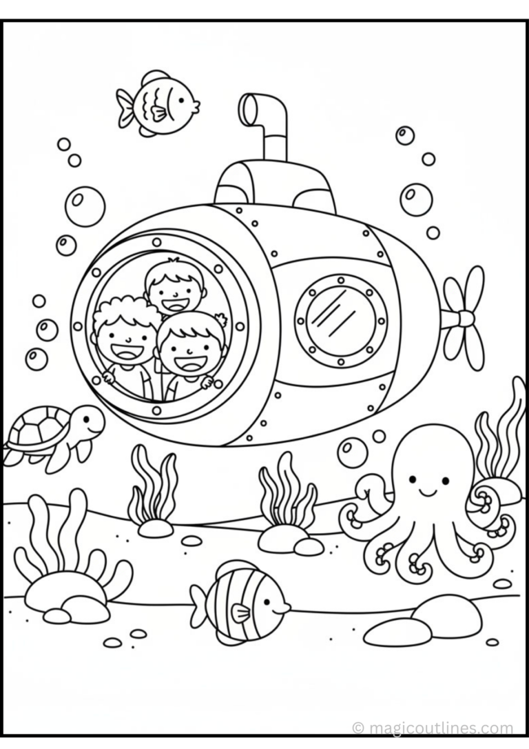 Submarine Underwater Adventure Coloring Page featuring kids inside a submarine surrounded by an octopus, sea turtle, fish, bubbles, and underwater plants.