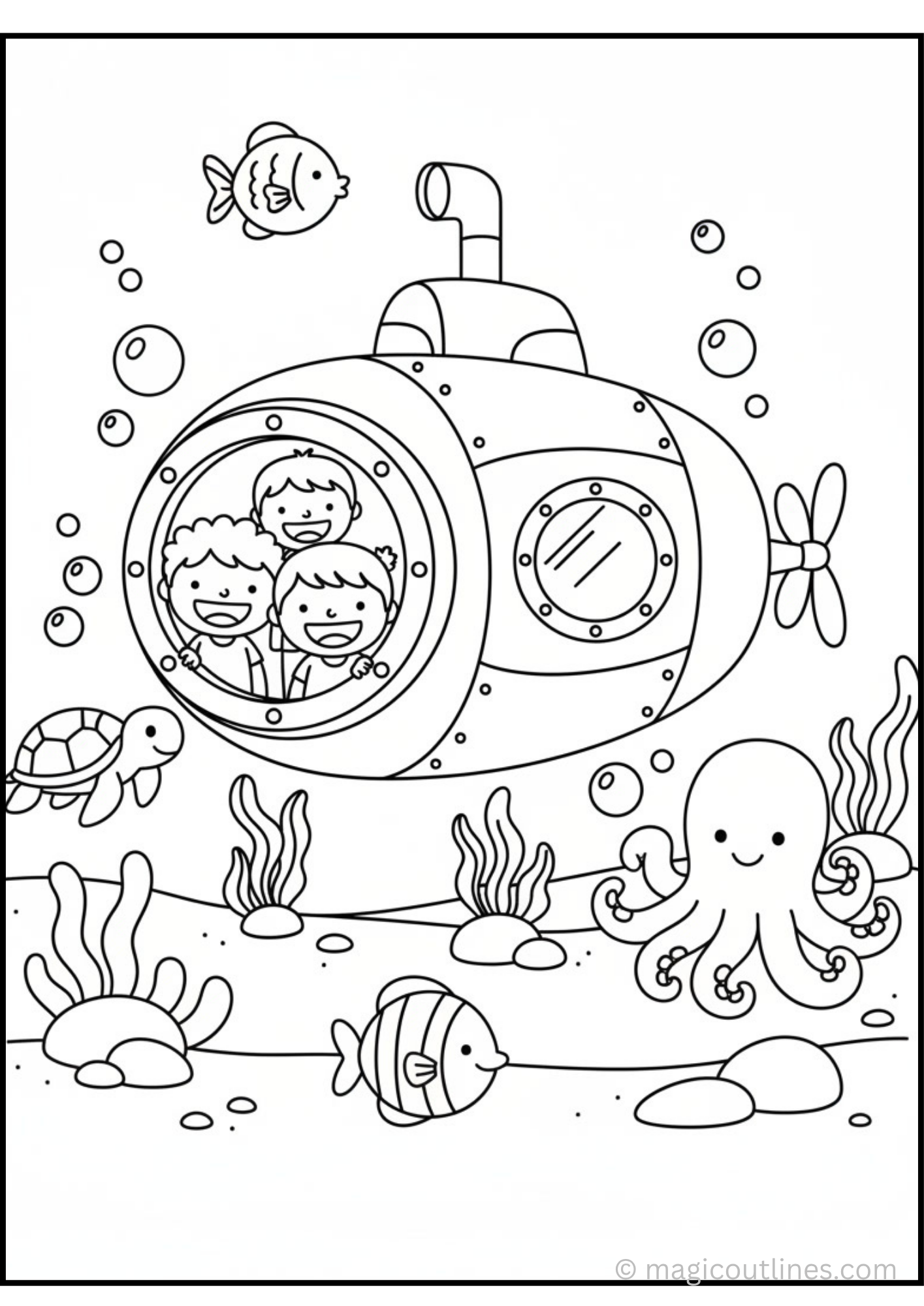 Submarine Underwater Adventure Coloring Page featuring kids inside a submarine surrounded by an octopus, sea turtle, fish, bubbles, and underwater plants.