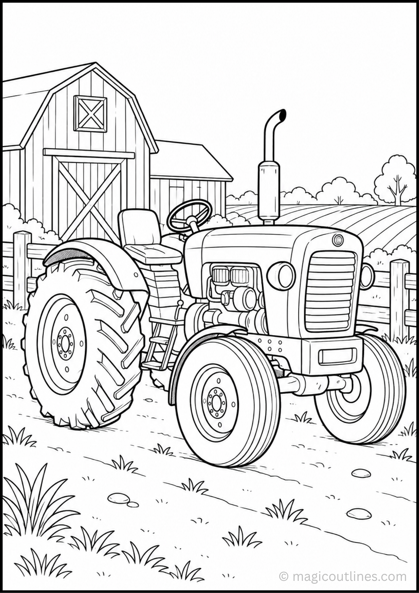 Tractor coloring page showing a detailed farm tractor with large tires, a barn, fence, fields, grass, and a rural farm setting.