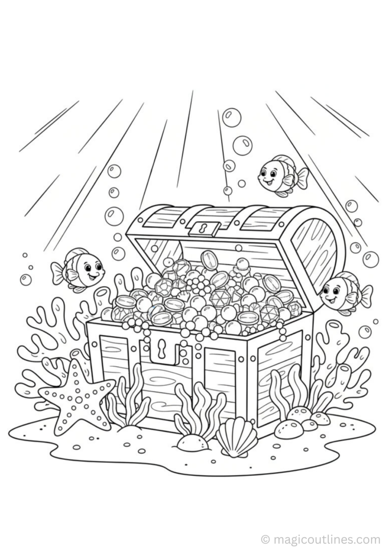 treasure chest underwater coloring page printable ocean floor adventure scene for kids