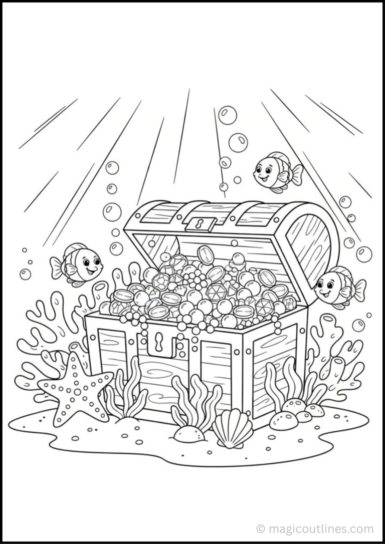 Underwater Treasure Chest Coloring Page free printable PDF featuring an open treasure chest filled with coins, gems, and pearls surrounded by fish, coral, seaweed, shells, bubbles, and a starfish.