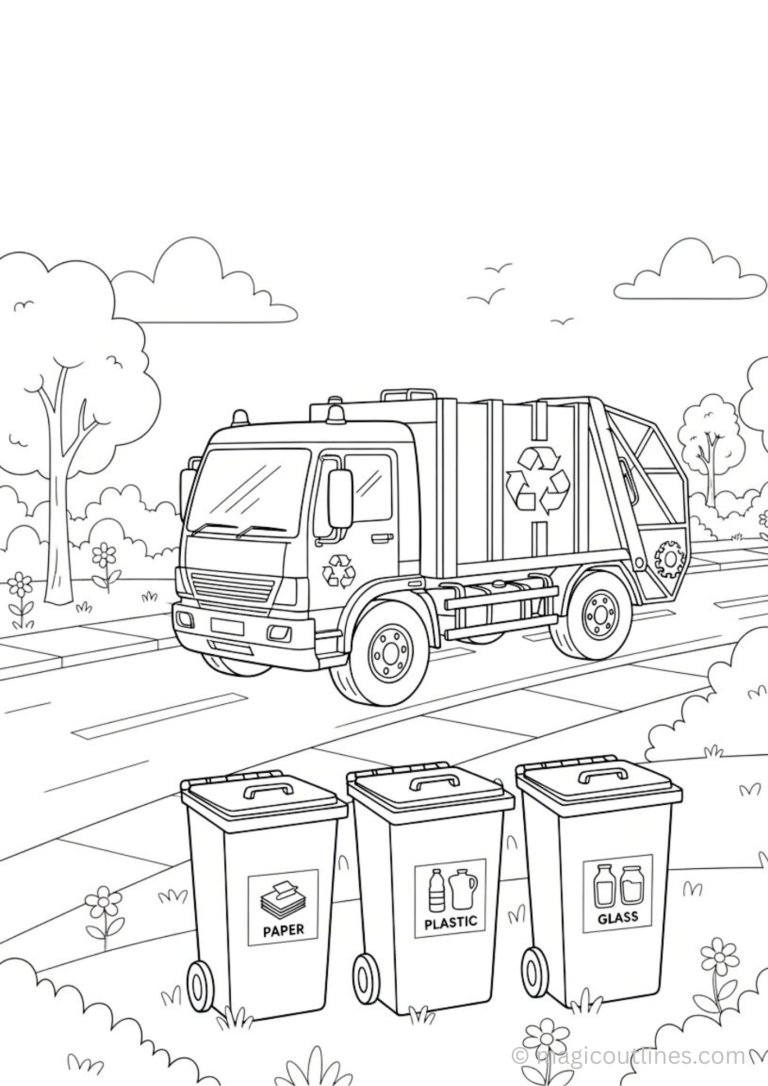 Waste collection truck coloring page with recycling bins for kids