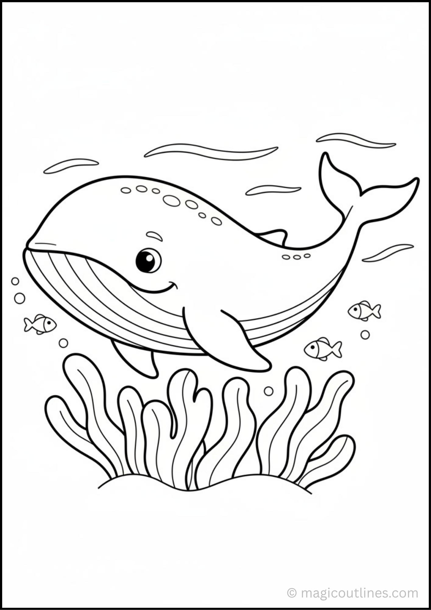 Whale Coloring Page with fish and underwater sea plants for kids