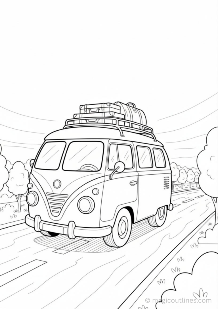 Vintage camper van driving on road with luggage on top, printable coloring page for kids