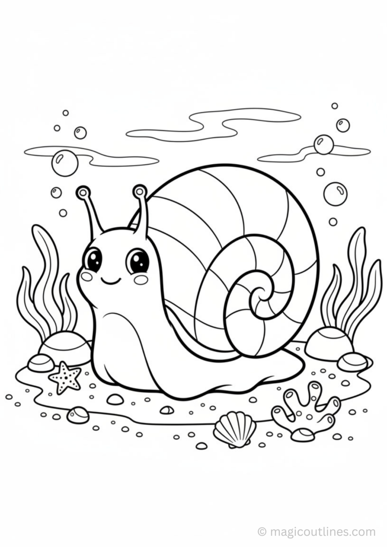 Download ocean snail coloring pages for kids in printable PDF format. Cute sea snail coloring sheets with ocean plants, perfect for preschool learning and creative fun.