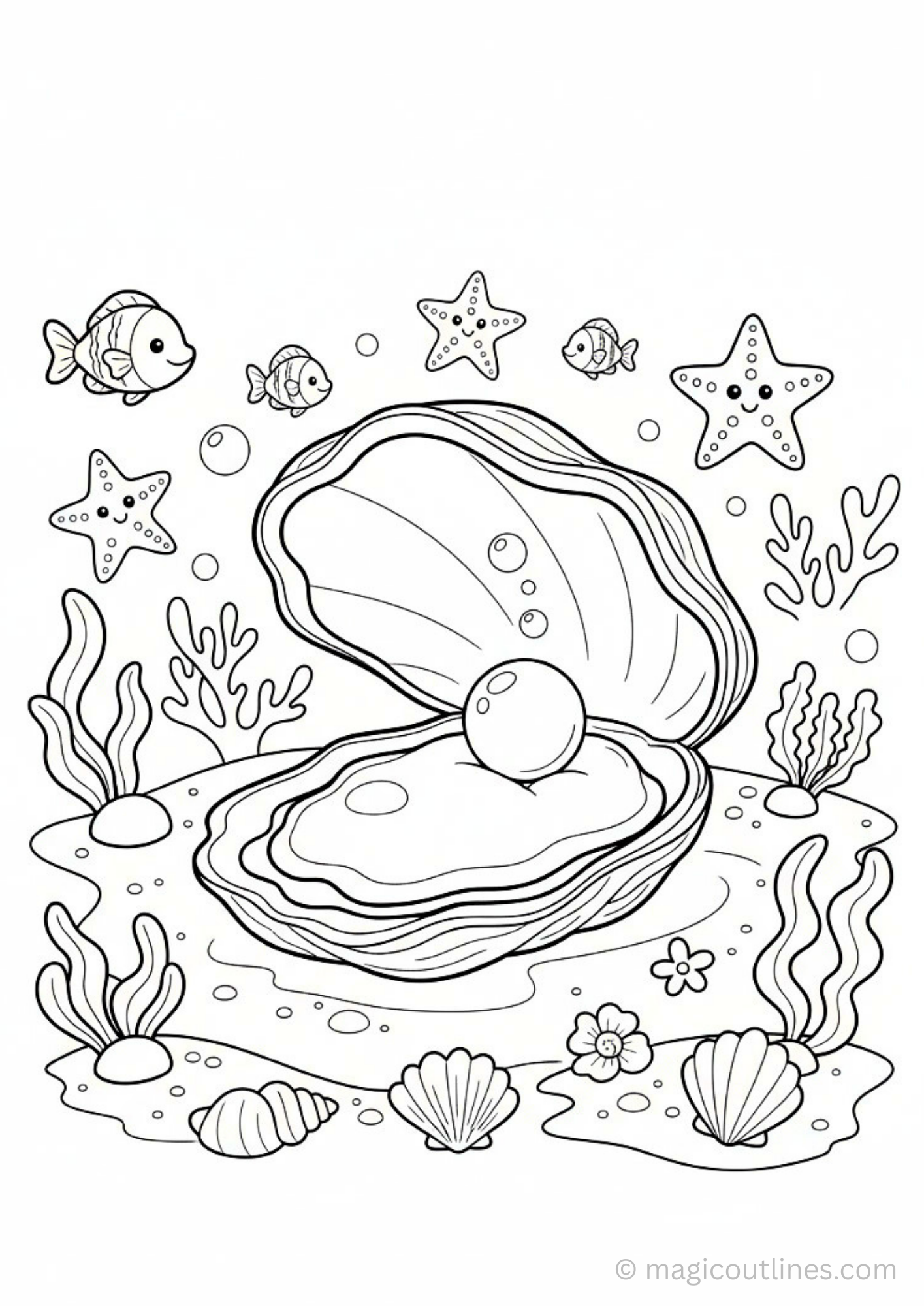 pearl inside an oyster coloring page with fish starfish coral and seashells underwater scene printable