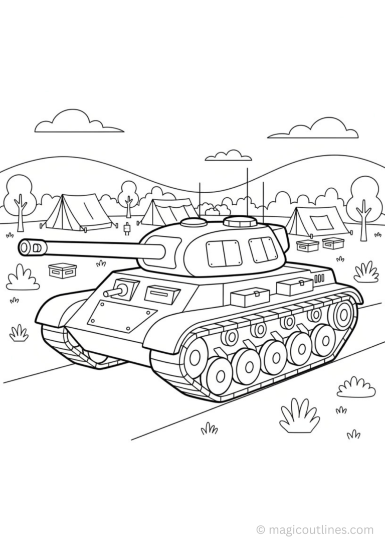 Military base adventure coloring page with army truck, tank, helicopter, and camp scene for kids