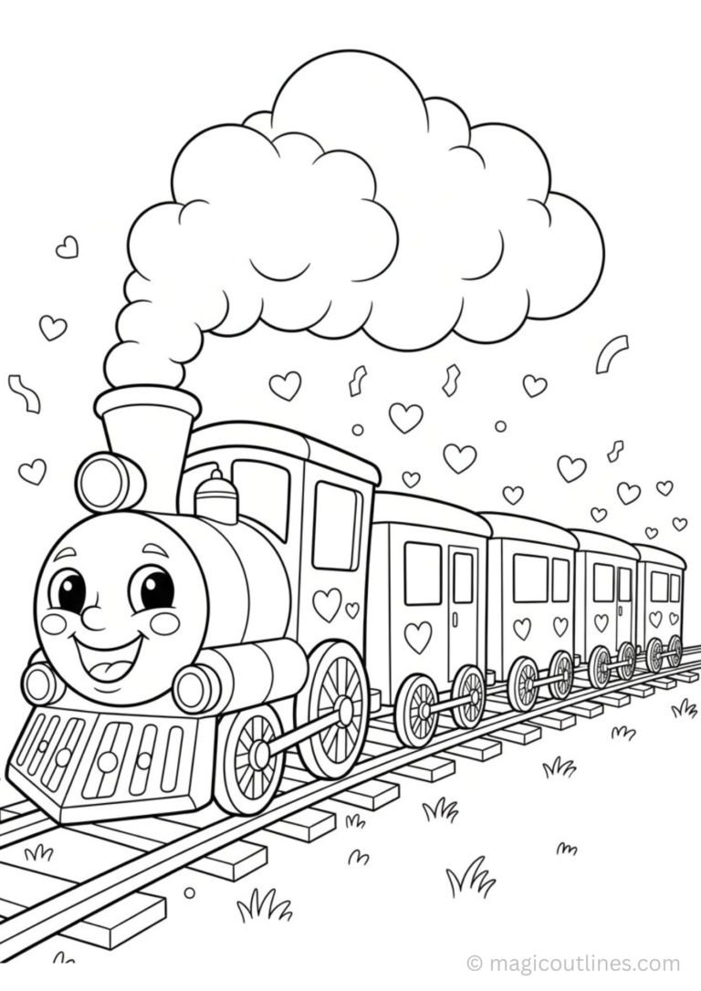 Cute cartoon train with smiling face and heart decorations, printable coloring page for kids