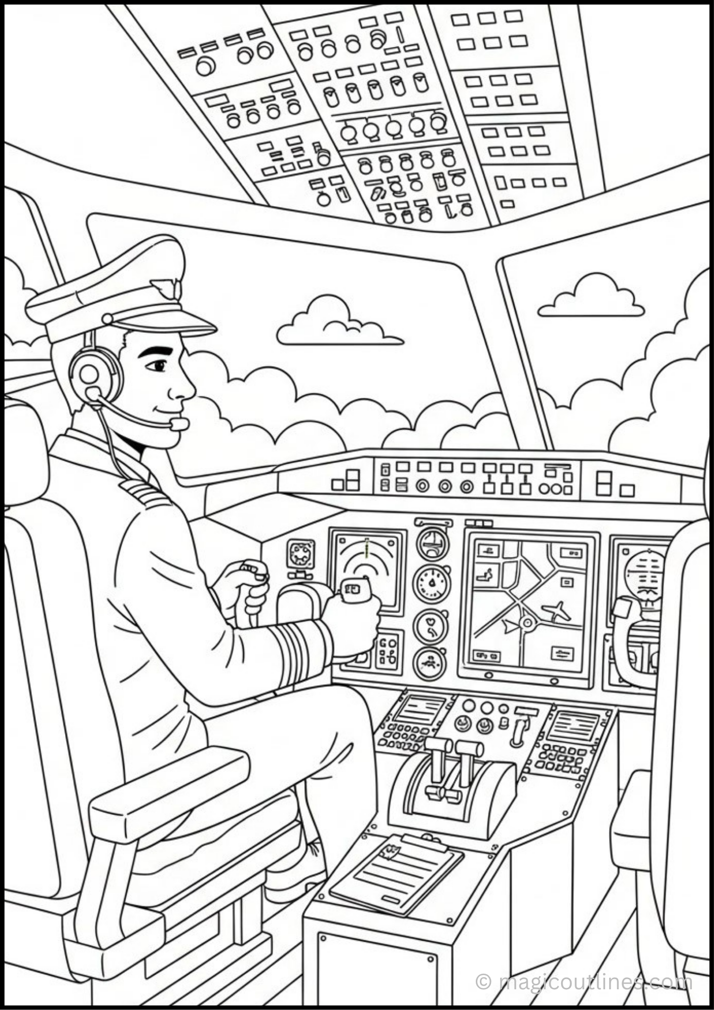 Airplane cockpit coloring page featuring a pilot sitting in the flight deck surrounded by airplane controls and navigation screens.