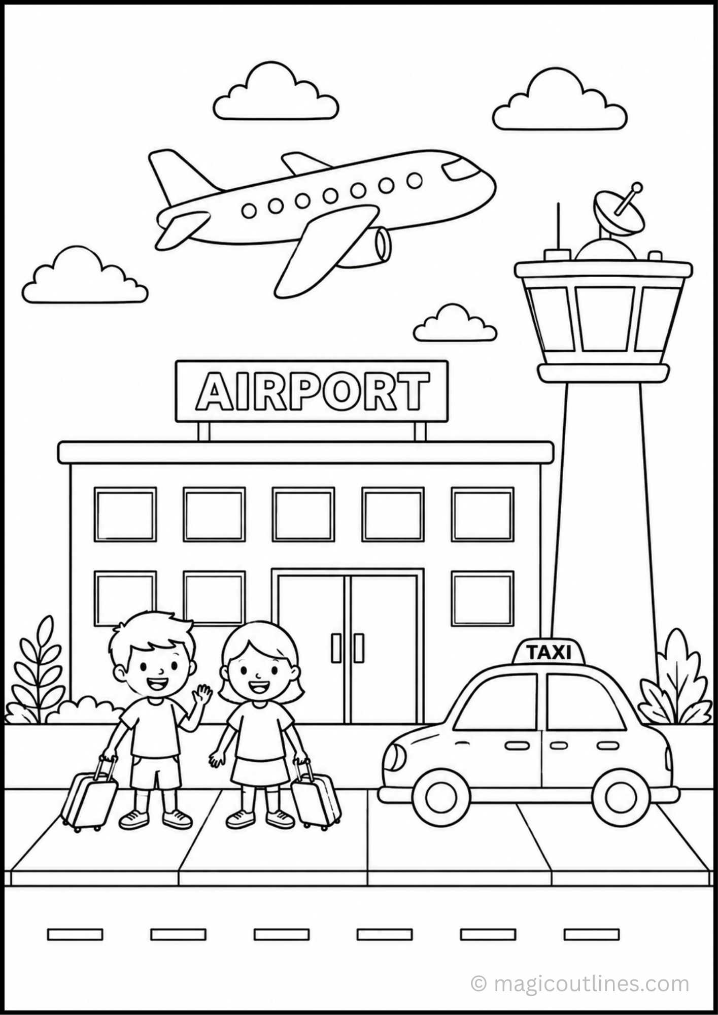Airport coloring page featuring an airplane, airport terminal, control tower, taxi, and children with luggage.