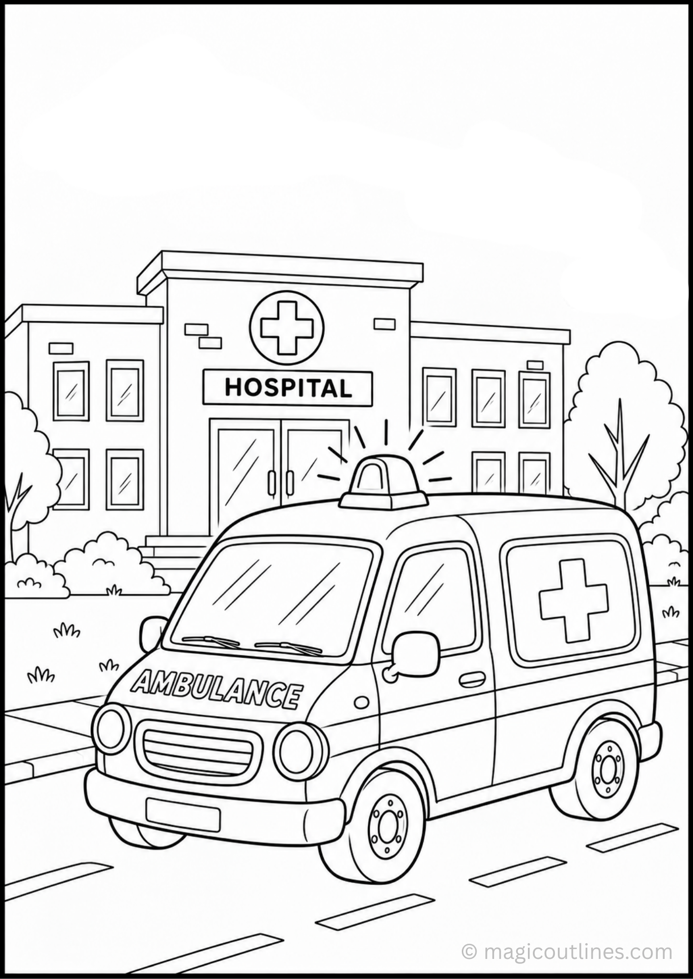 Ambulance Coloring Page showing an ambulance parked outside a hospital with a medical cross, emergency lights, trees, sidewalk, and road.