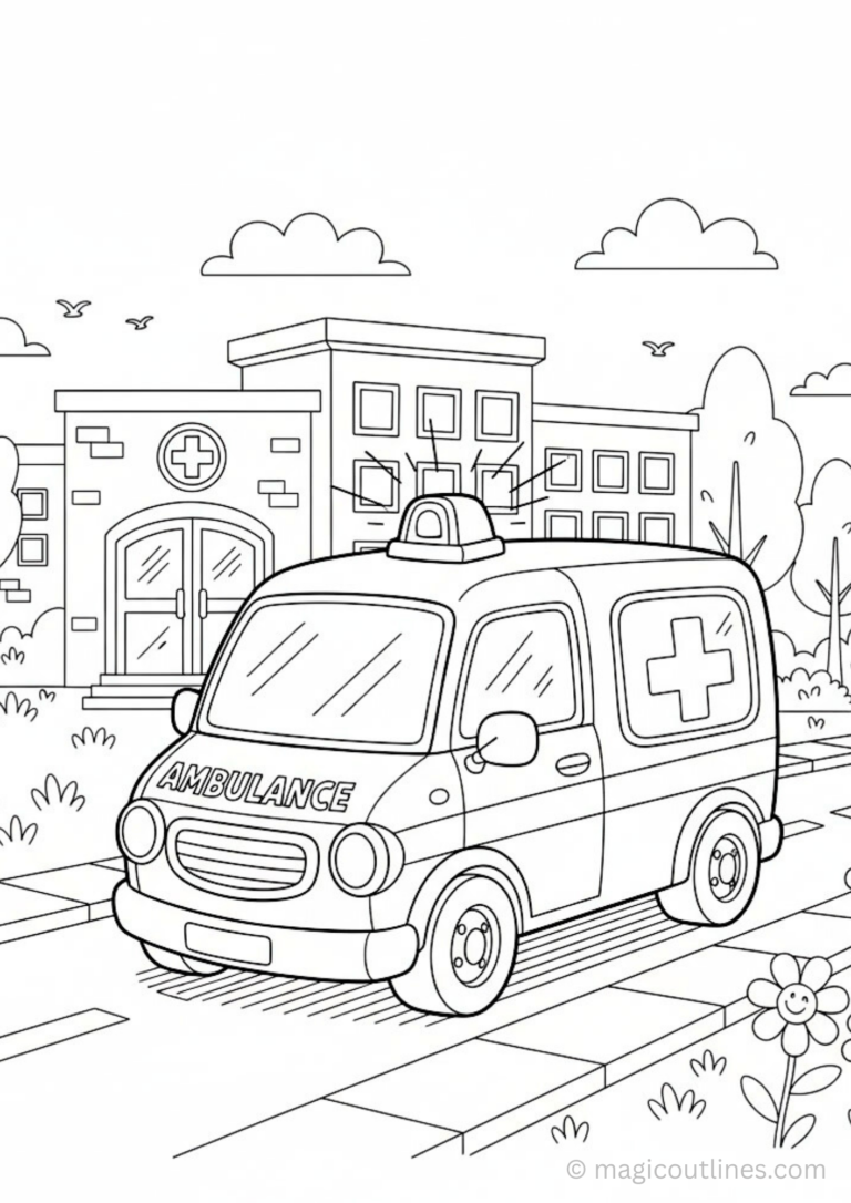 Free ambulance emergency vehicle coloring page for kids printable