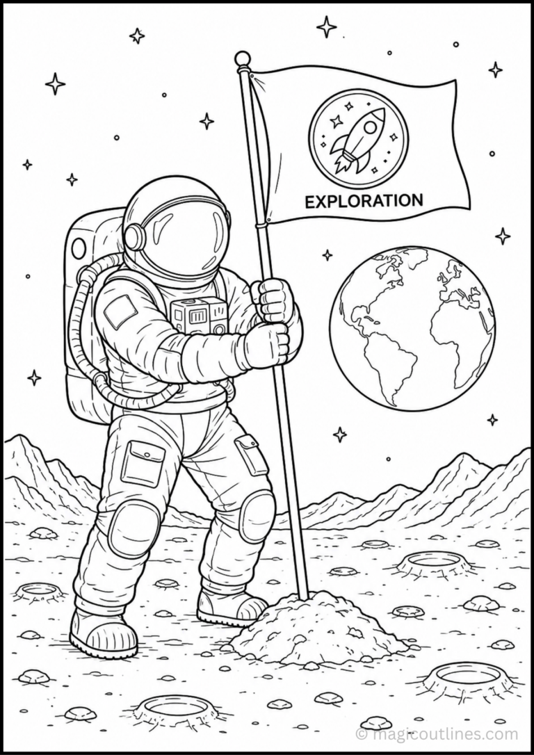 Astronaut coloring page with an astronaut planting an exploration flag on the moon.