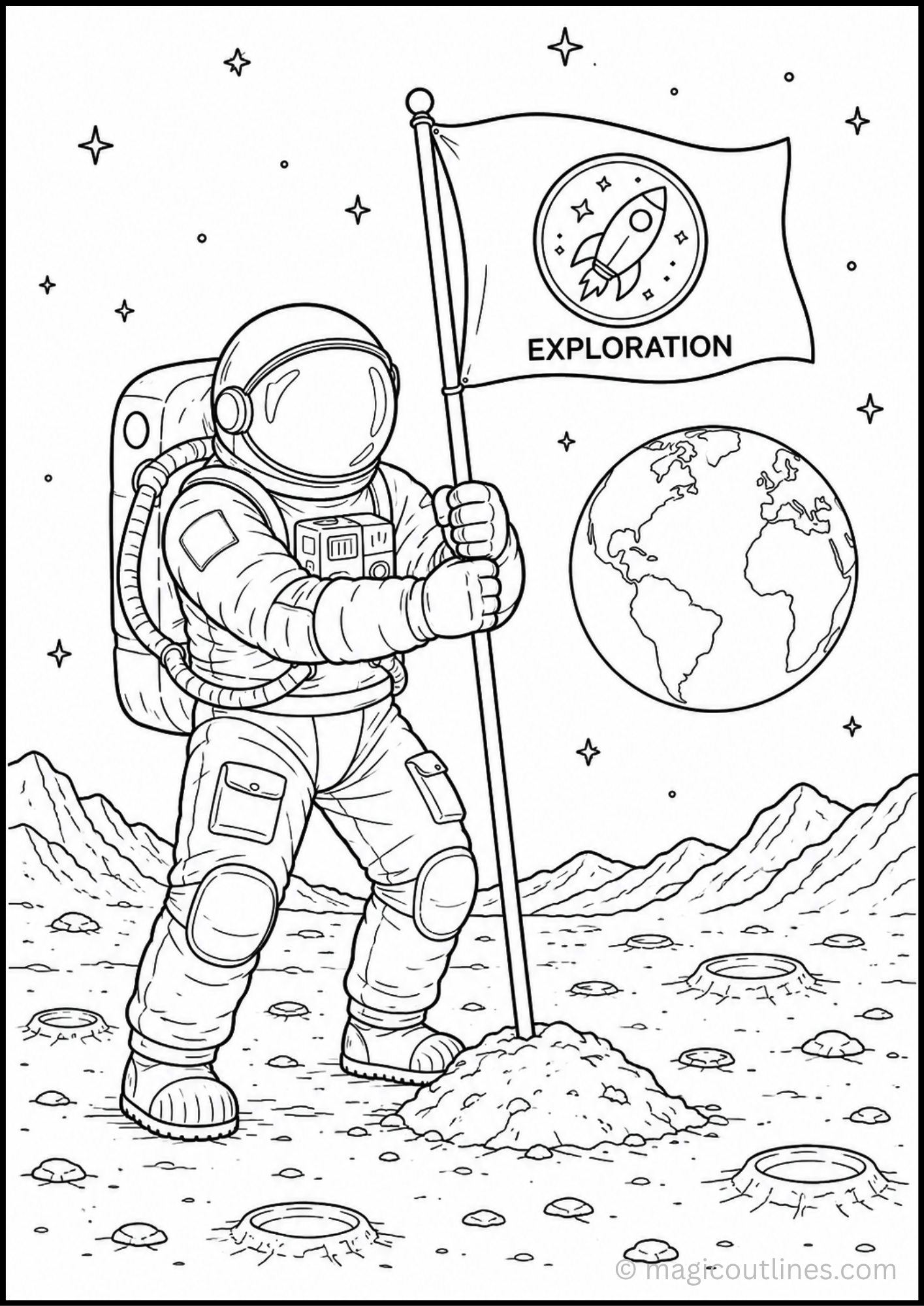 Astronaut coloring page with an astronaut planting an exploration flag on the moon.