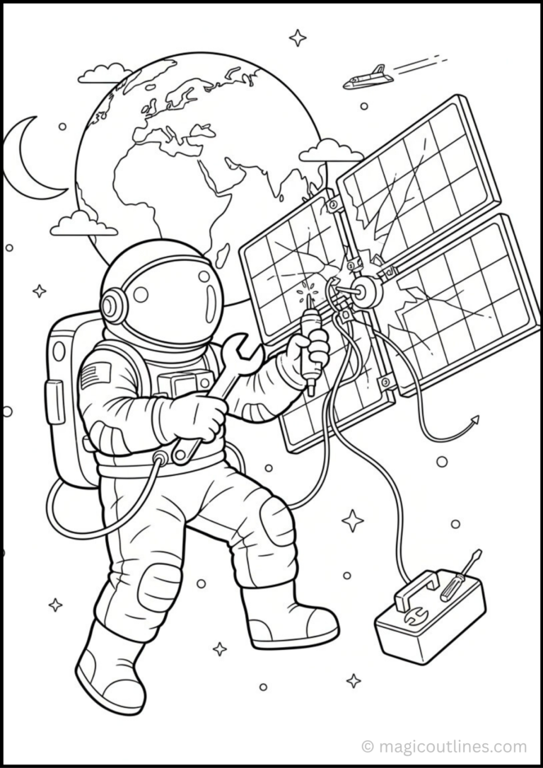 Astronaut coloring pages featuring moon missions, space exploration, satellite repair, lunar rover adventures, and futuristic space stations.