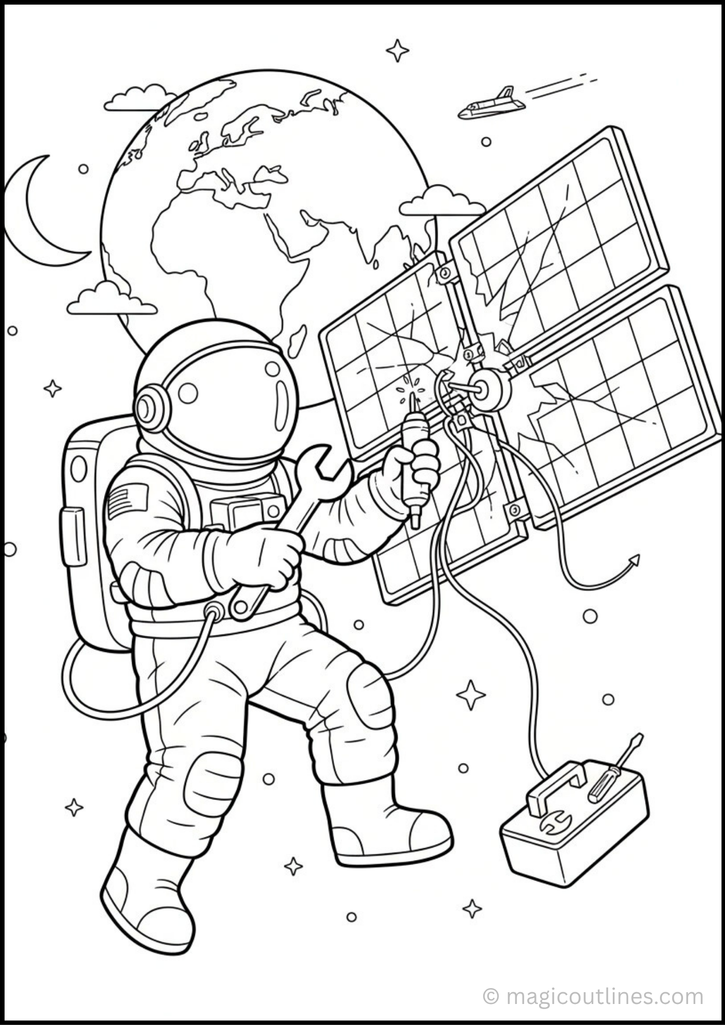 Astronaut coloring pages featuring moon missions, space exploration, satellite repair, lunar rover adventures, and futuristic space stations.
