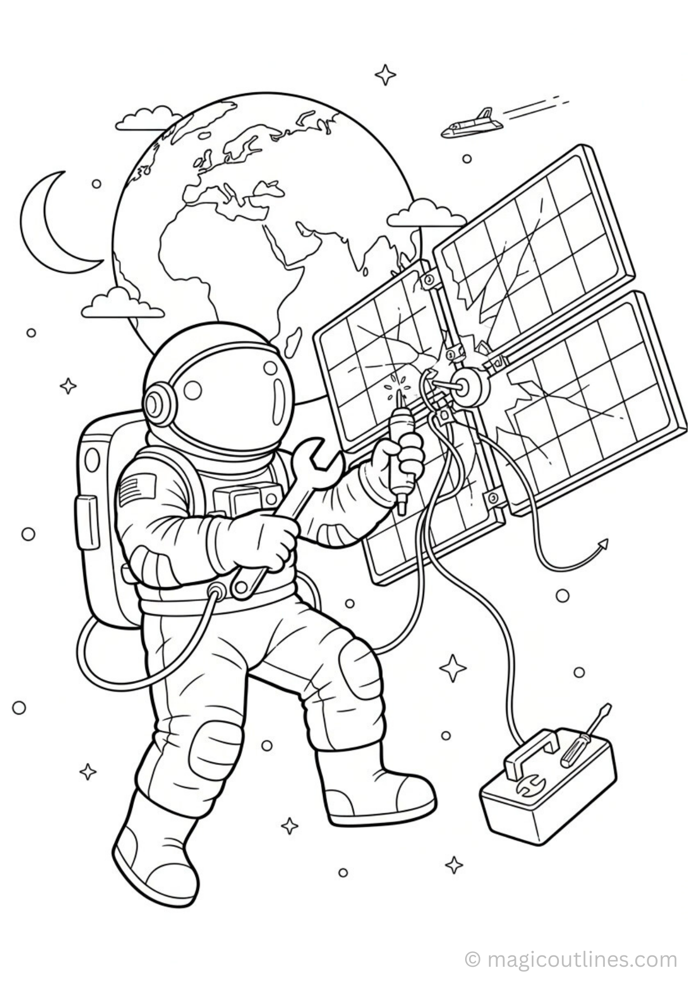 Astronaut repairing satellite coloring page for kids free printable PDF