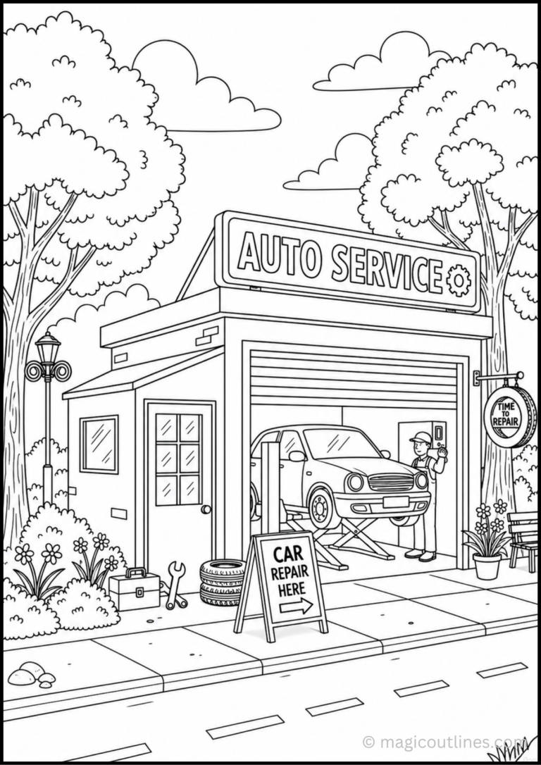 Auto service station coloring page with a car on a repair lift, mechanic, tools, tires, trees, flowers, and street