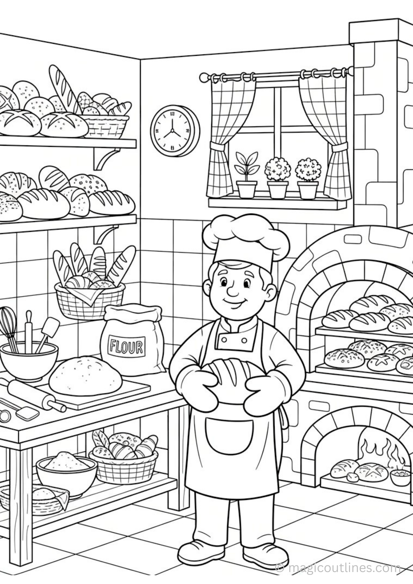 baker coloring page for kids baking bread in kitchen printable