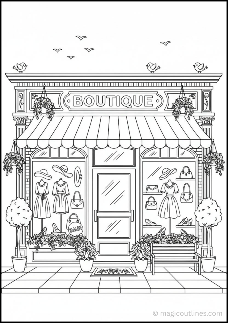Boutique Shop Coloring Page with dresses, handbags, shoes, flowers, and a charming storefront