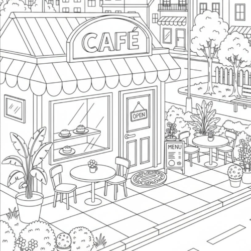 Cafe Shop Free Coloring Page for Kids Printable