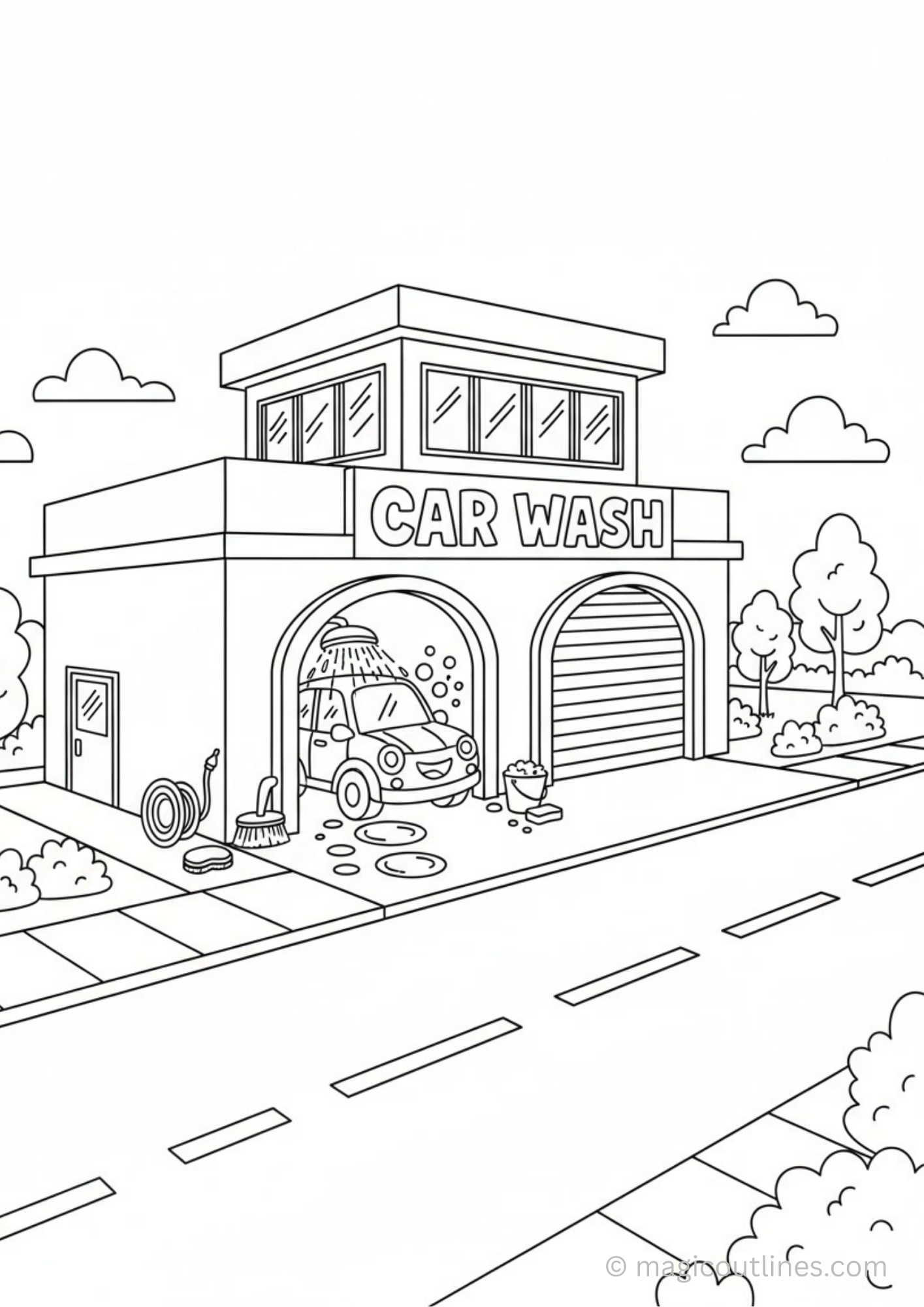 Free Car Washing Station Coloring Page for Kids