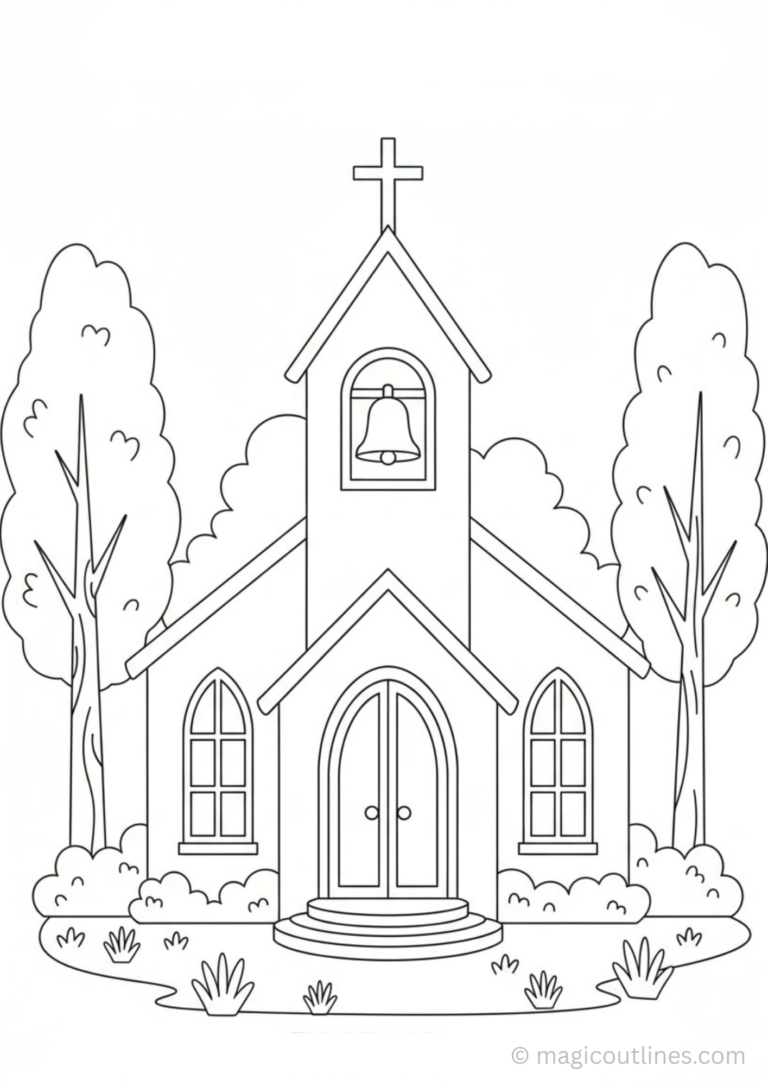 Beginners church coloring page for kids with trees