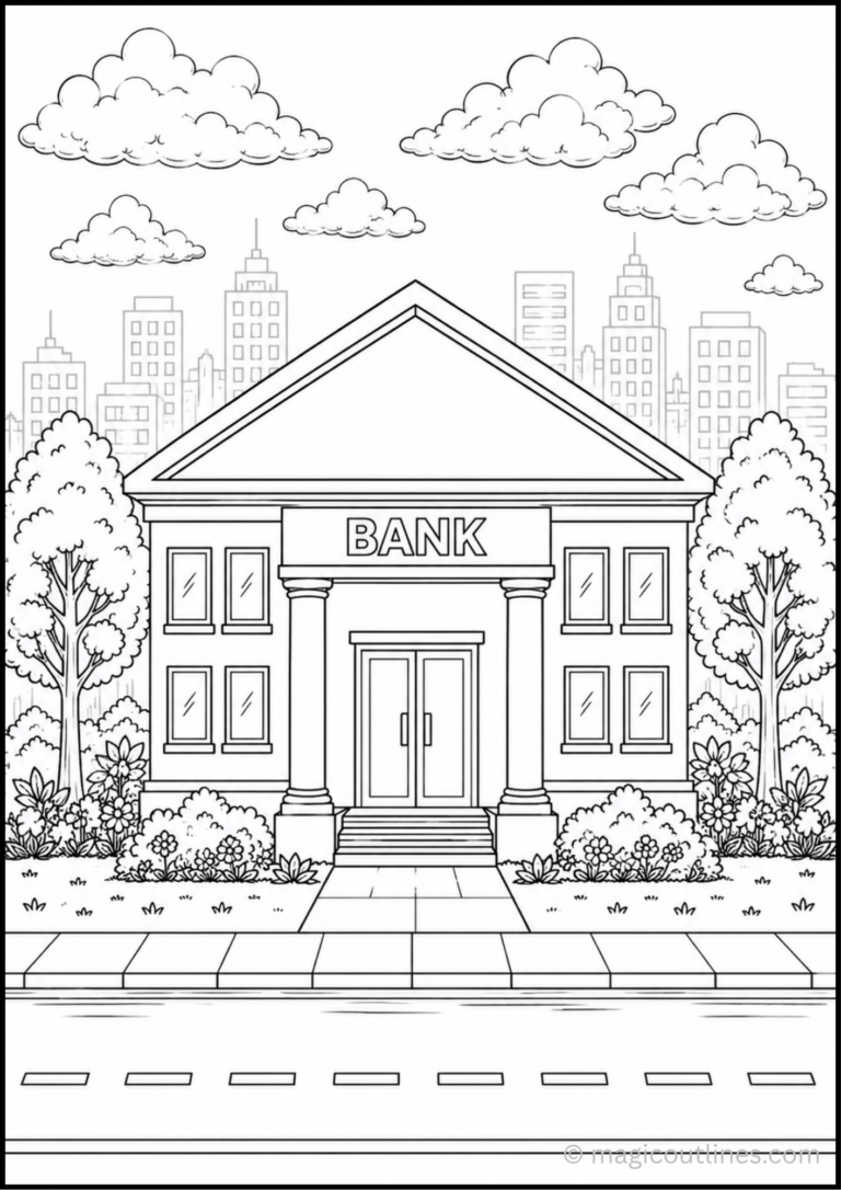 Printable Classic Bank Building Coloring Page featuring a traditional bank with columns, trees, gardens, and a city skyline.