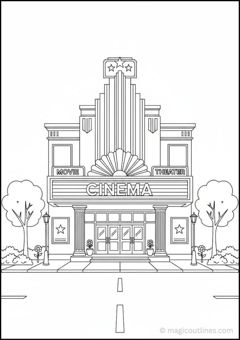 Classic cinema building coloring page featuring an Art Deco movie theater with a grand marquee, columns, trees, and a wide entrance.