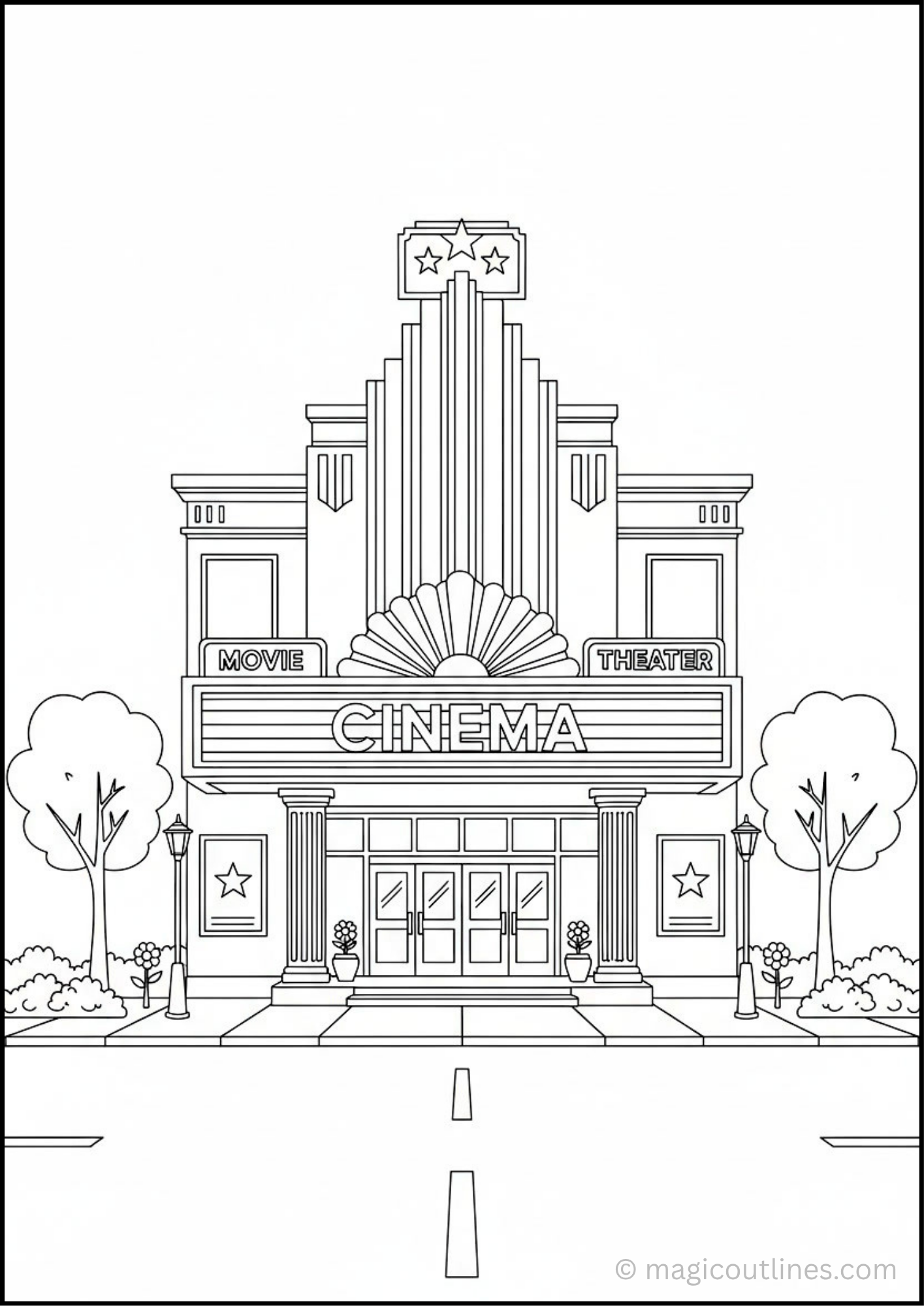 Classic cinema building coloring page featuring an Art Deco movie theater with a grand marquee, columns, trees, and a wide entrance.