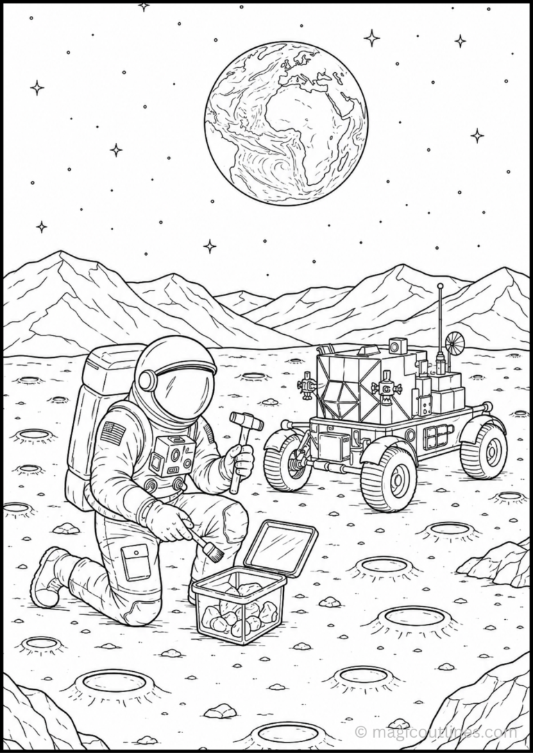 Coloring page of an astronaut collecting moon rocks beside a lunar rover.