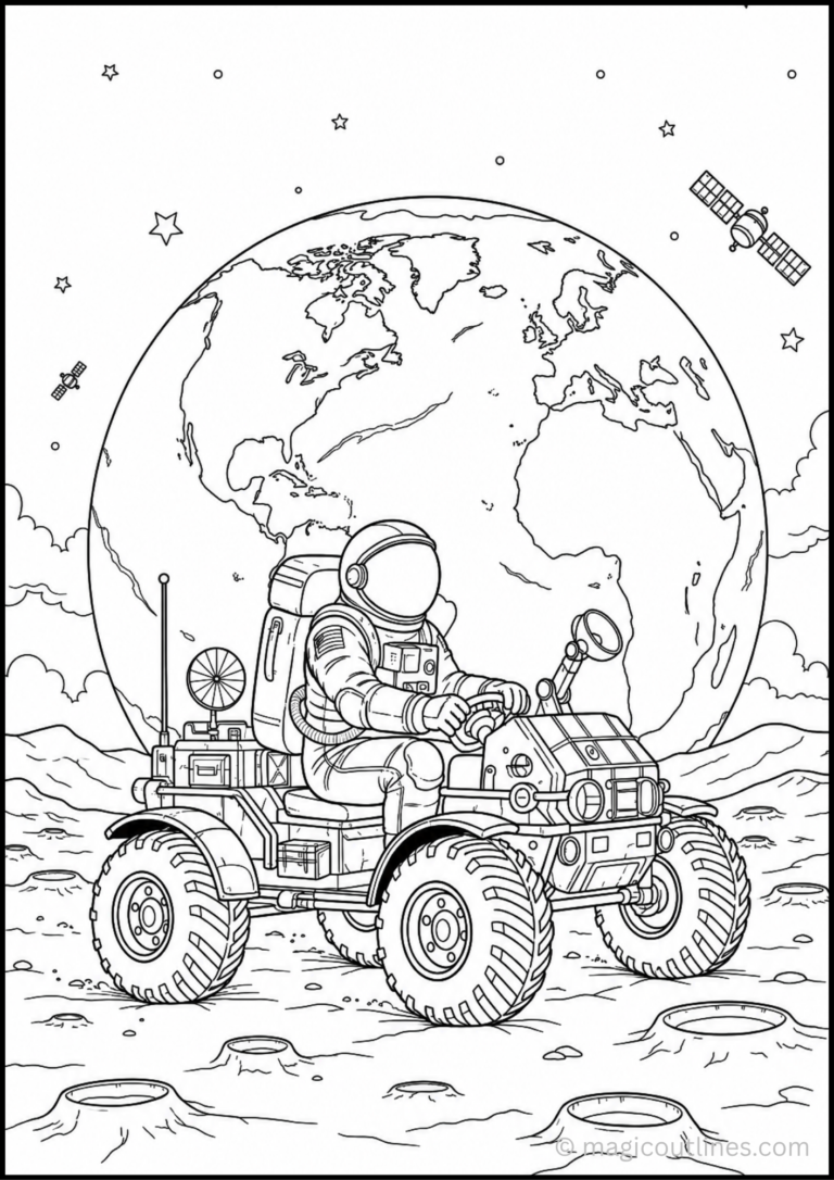 Coloring pages astronaut design featuring an astronaut driving a futuristic moon rover.