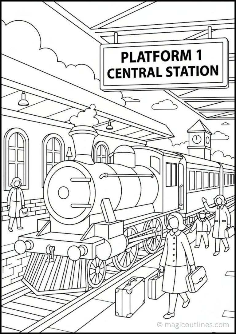 Coloring train station platform scene with passengers and railway locomotive