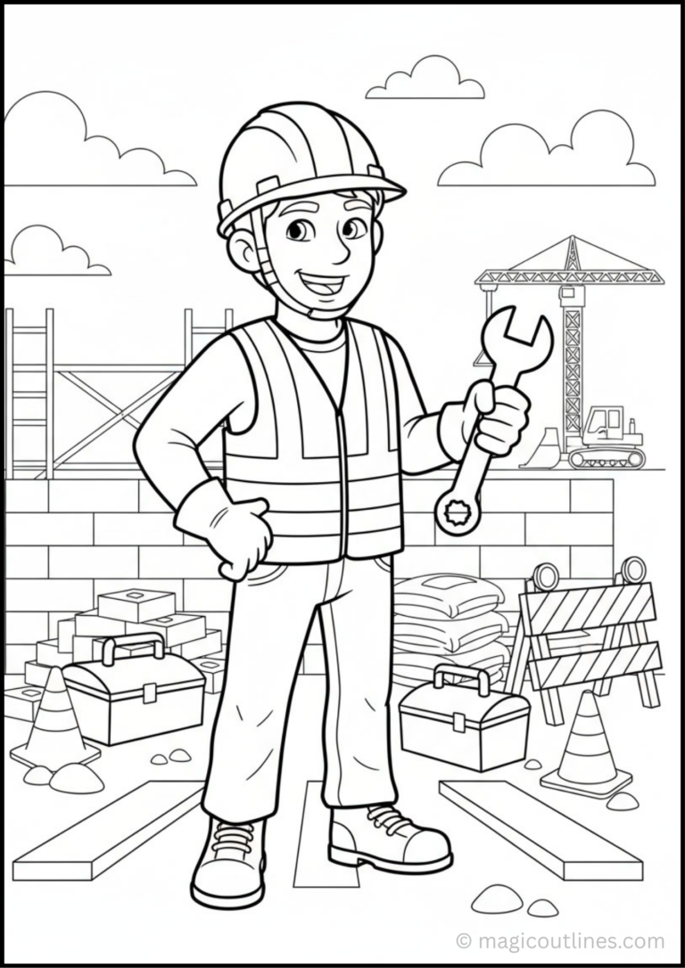 Construction Worker Coloring Page featuring a smiling builder wearing a hard hat and safety vest while holding a wrench at a construction site.