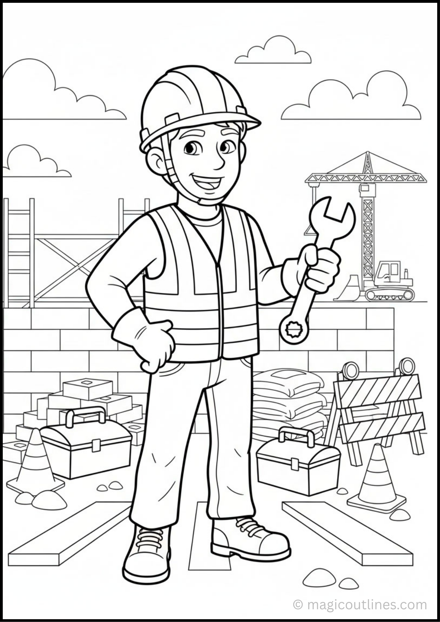 Construction Worker Coloring Page featuring a smiling builder wearing a hard hat and safety vest while holding a wrench at a construction site.
