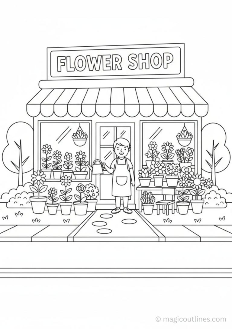 Flower Shop Coloring Page for kids printable flower store illustration