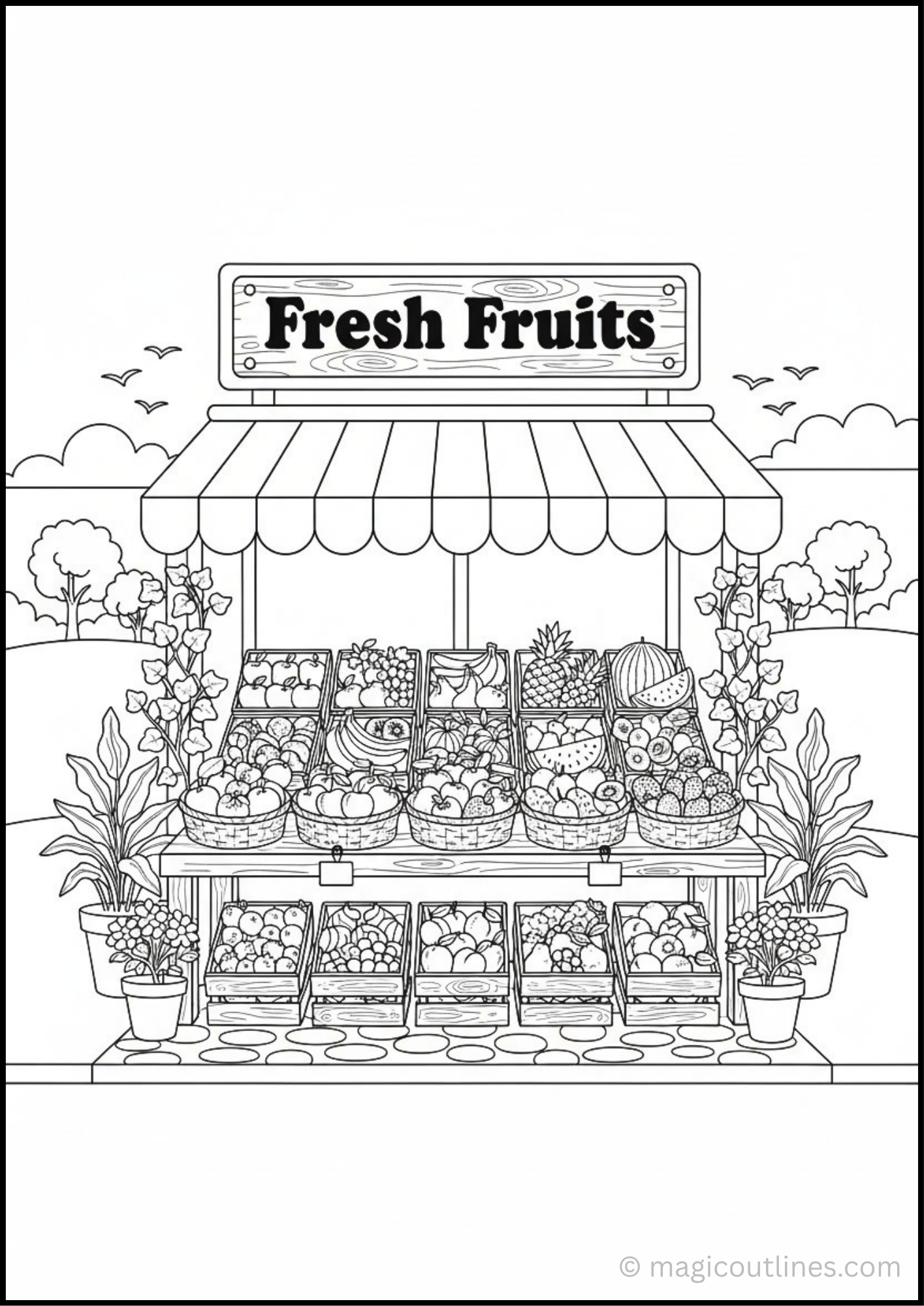 Fresh fruit stall coloring page with baskets of apples, bananas, grapes, oranges, watermelon, pineapple, and a striped shop awning.
