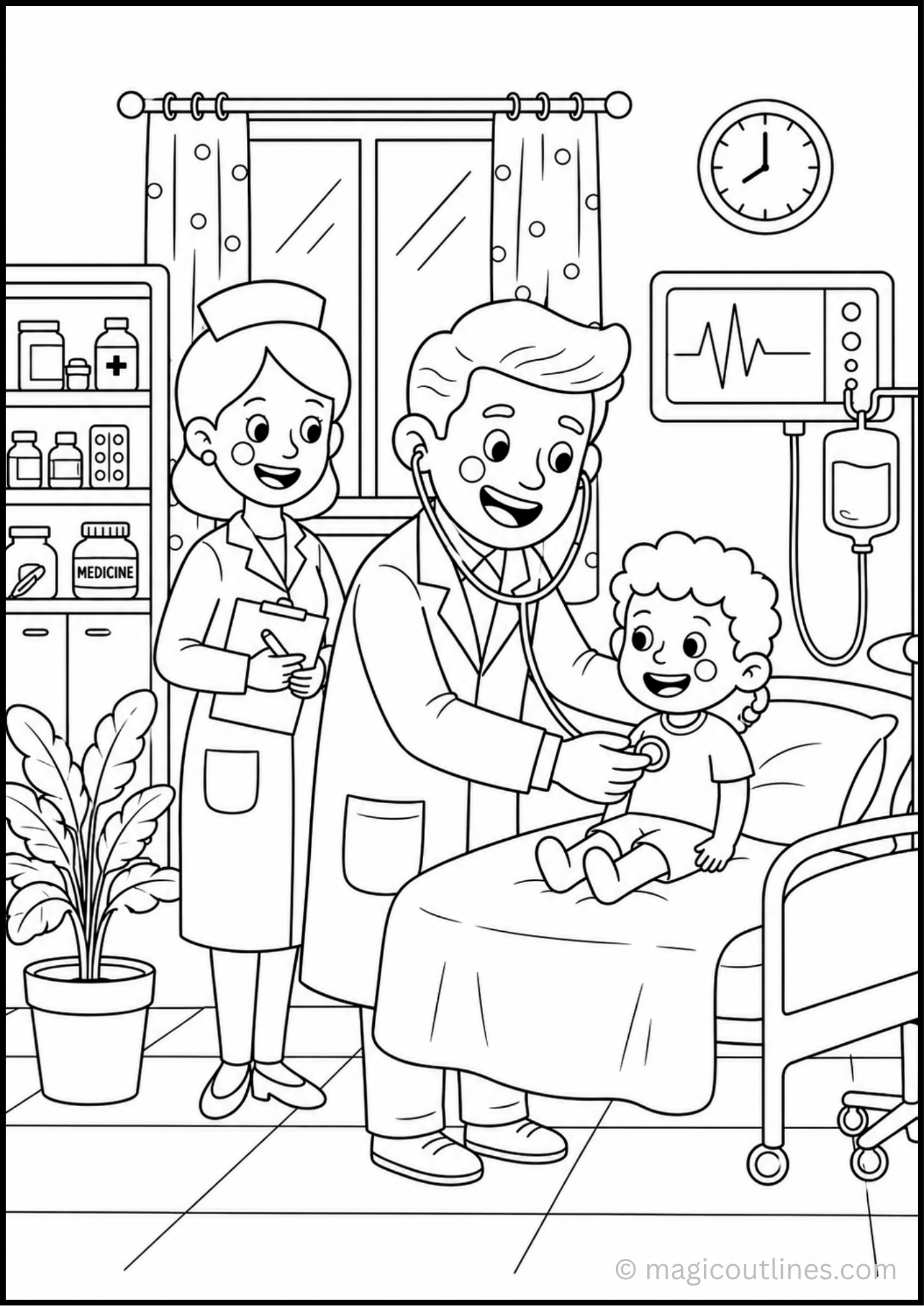 Friendly doctor checking a smiling child with a nurse in a hospital room printable coloring page.