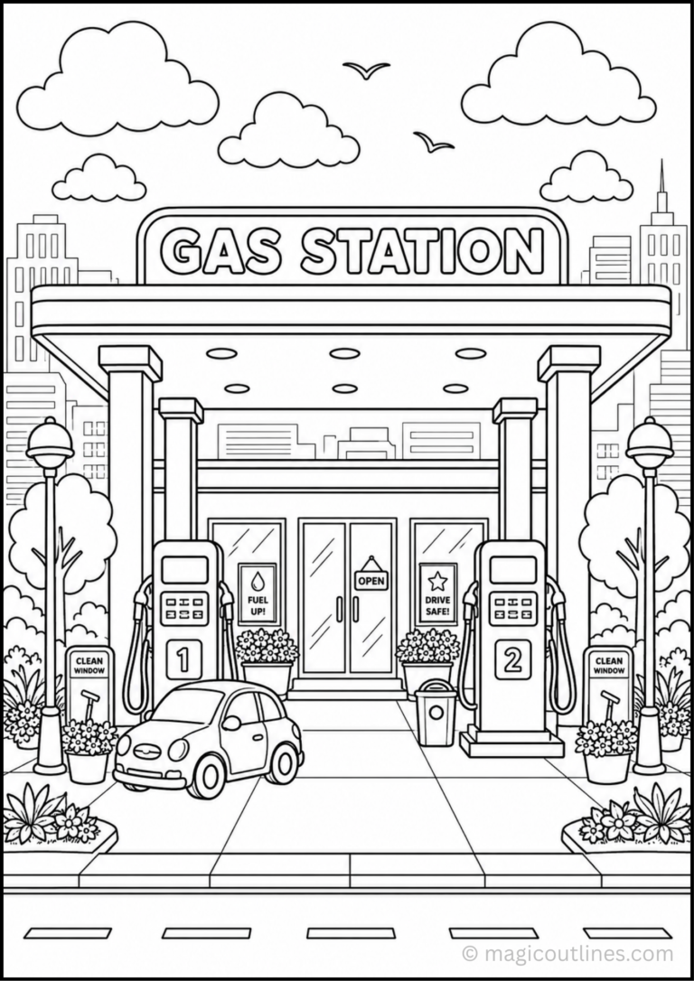 Enjoy a fun printable gas station coloring page featuring fuel pumps, a convenience store, a cute car, flower beds, and a modern city skyline. Perfect for transportation lovers, classrooms, homeschool activities, and creative coloring fun.