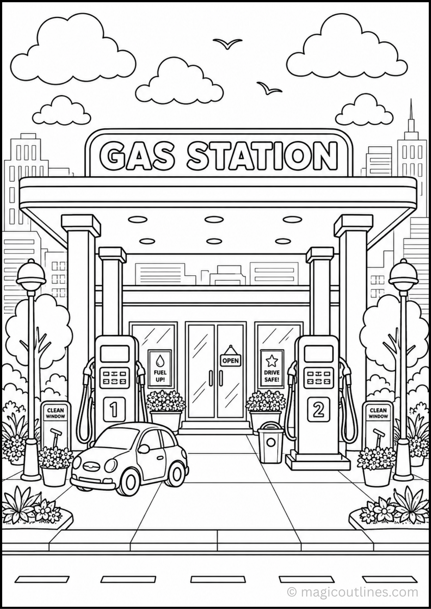 Enjoy a fun printable gas station coloring page featuring fuel pumps, a convenience store, a cute car, flower beds, and a modern city skyline. Perfect for transportation lovers, classrooms, homeschool activities, and creative coloring fun.