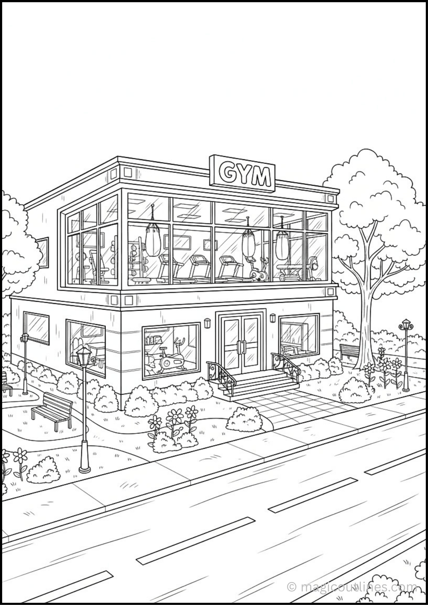 Gym coloring page featuring a fitness center with exercise equipment, workout areas, sports details, and a kid-friendly setting