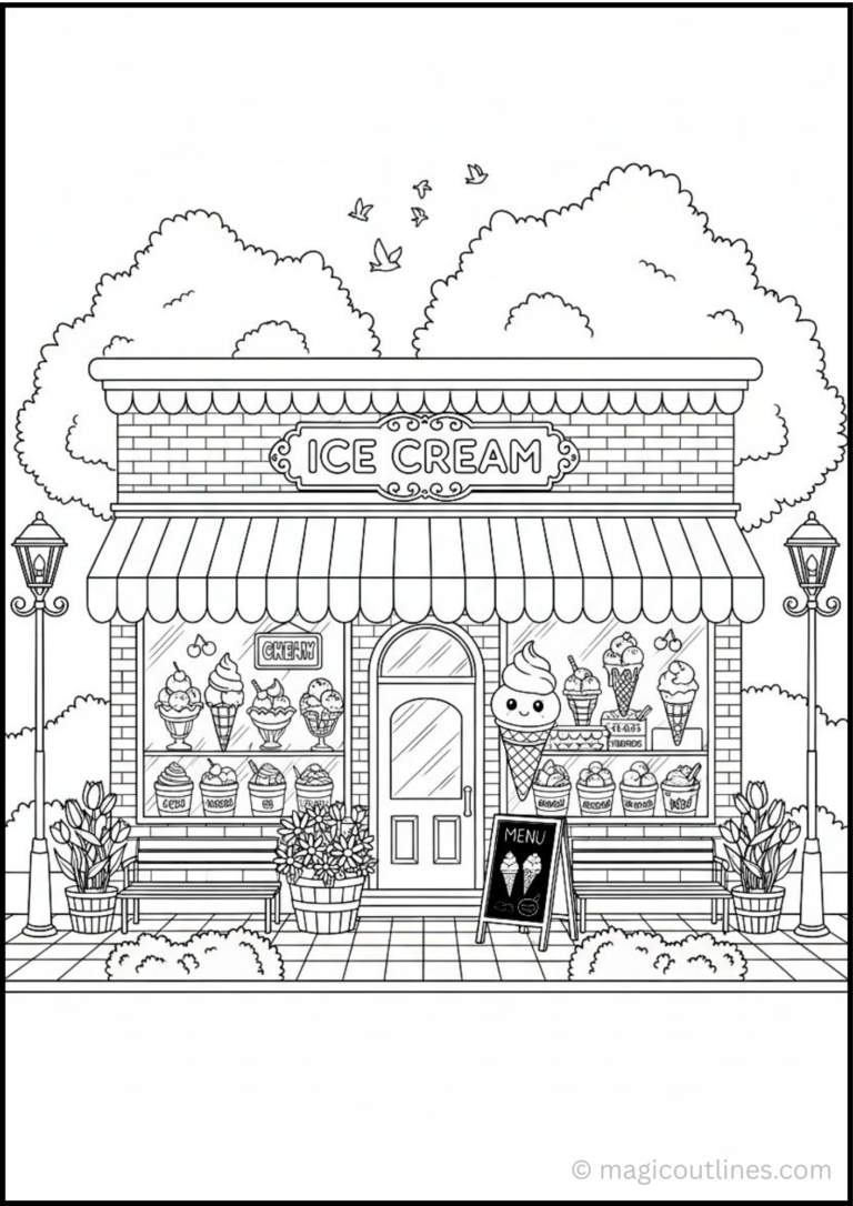 Ice cream parlour coloring page with display windows, ice cream cones, benches, flower pots, and shop entrance for kids.