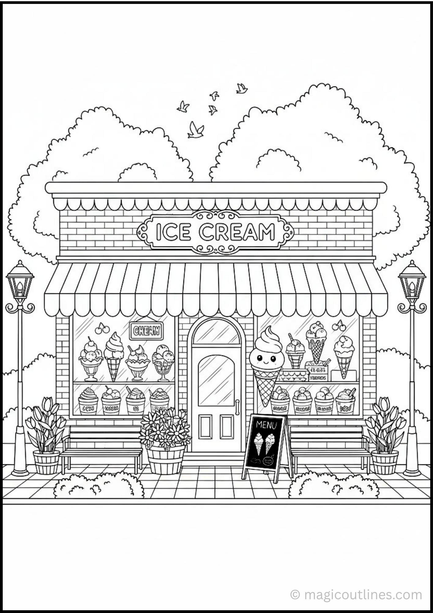 Ice cream parlour coloring page with display windows, ice cream cones, benches, flower pots, and shop entrance for kids.