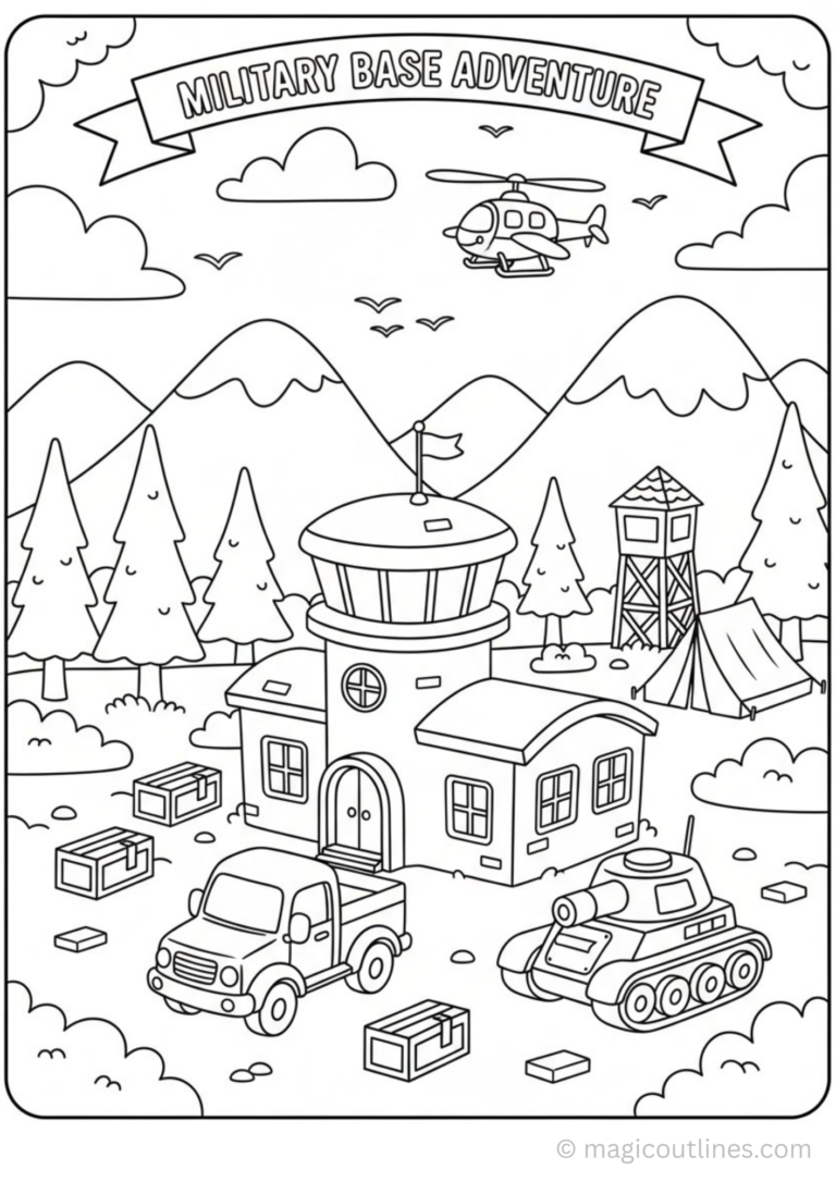 military base camp coloring page printable helicopter tank truck army scene for kids