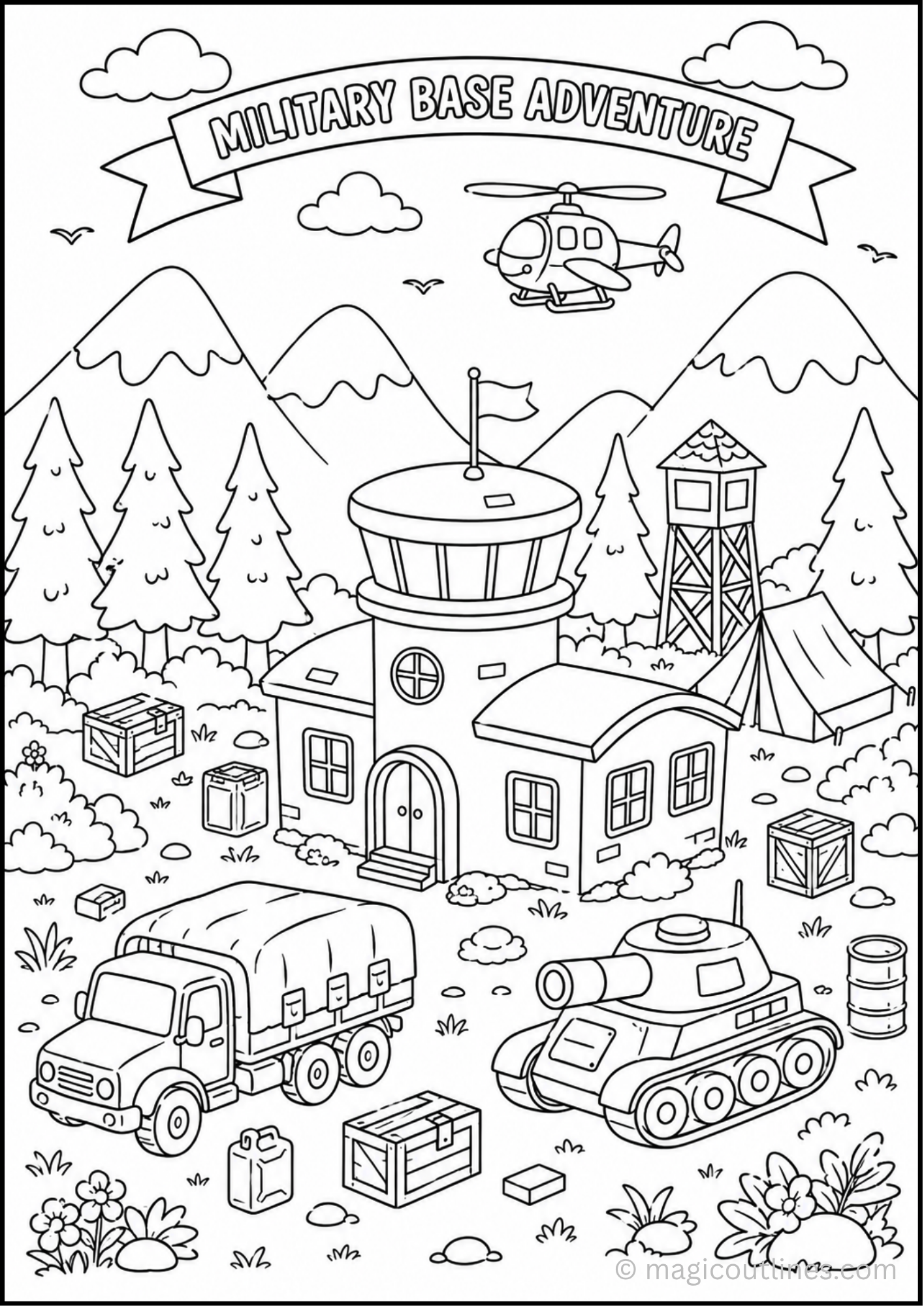 Military base adventure coloring page with a helicopter, tank, army truck, watchtower, command building, mountains, and pine trees.