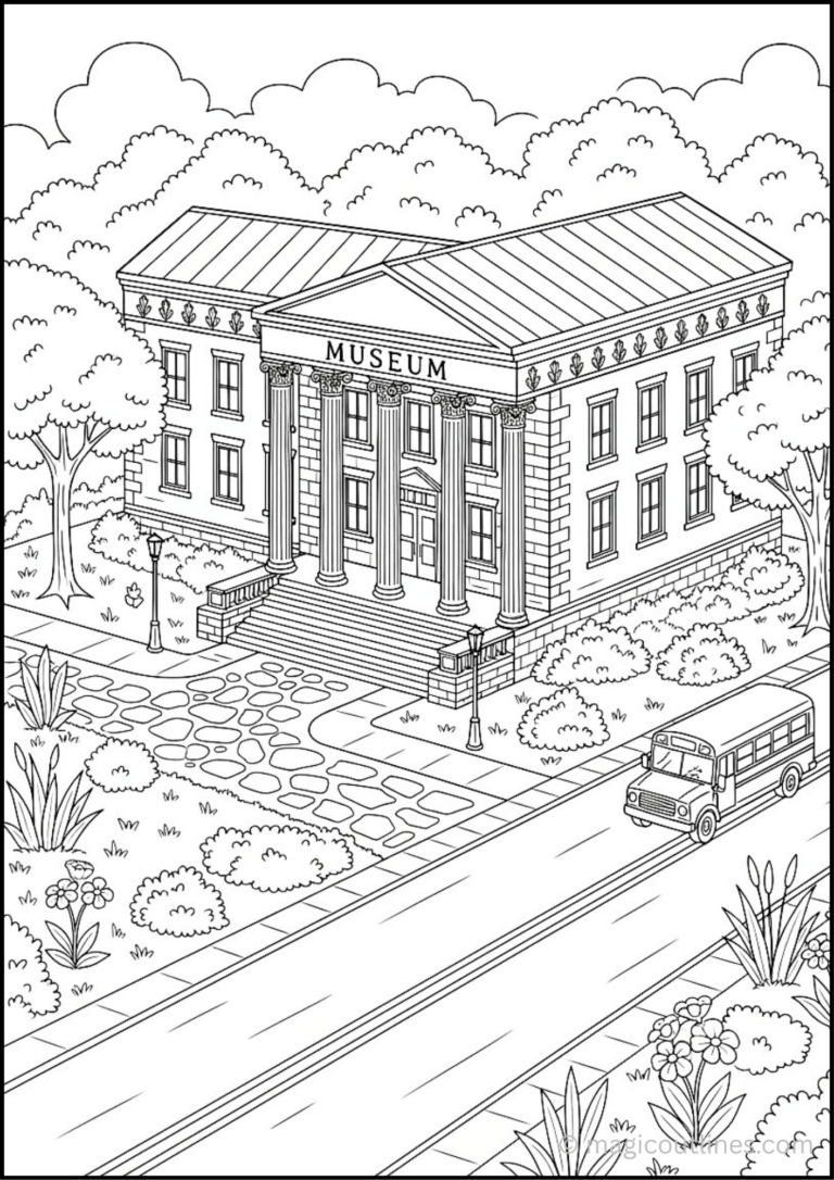Museum building coloring page with large windows, entrance, steps, trees, flowers, and a landscaped outdoor area
