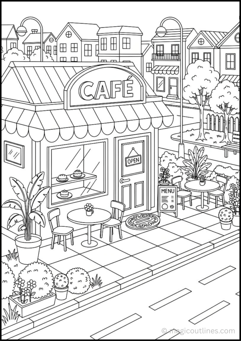 Outdoor café coloring page featuring a cozy café with outdoor tables, chairs, flower pots, pastries, and a peaceful neighborhood street.